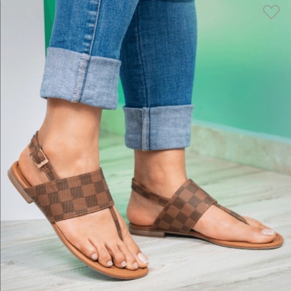 Shoes - Boutique Checker Banded T-Strap Slingback Sandal